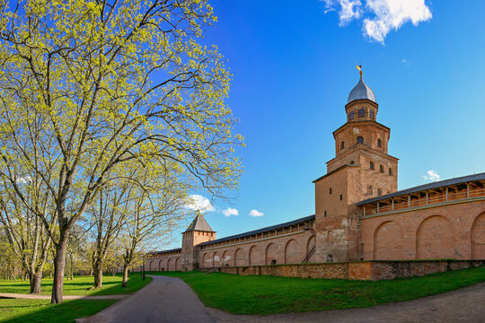 Evening promenade along the walls of the Novgorod Kremlin, Novgorod region of Russia