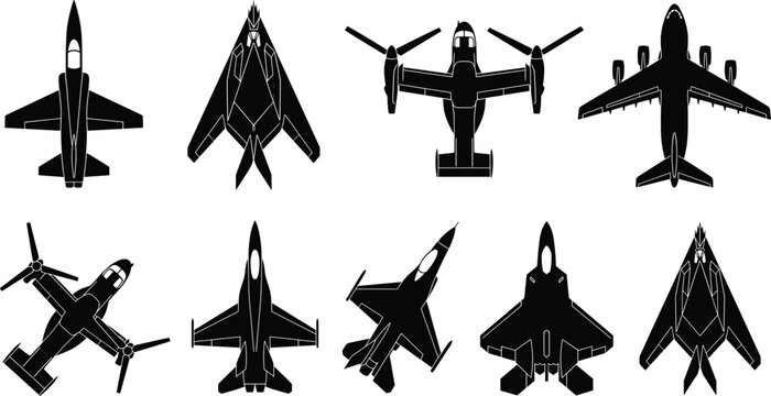 Silhouette vector illustration of diverse aircraft including fighter jets, stealth planes, tiltrotor, and transport airplanes viewed from above
