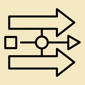 A minimalist featuring a central horizontal line connecting a square to a triangle, flanked by two large parallel arrows pointing right, set against a light beige background