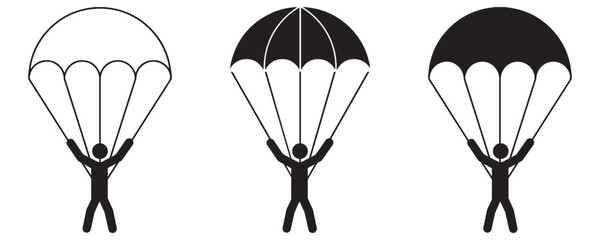 Naklejka premium Parachute Icon Set Vector Cargo Drop and Air Adventure Symbols Linear Solid Glyph Styles Isolated on White Background