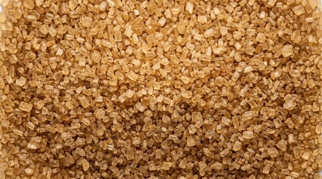 Close-up macro view of granular brown sugar crystals, revealing their irregular shapes and warm amber tones, baking, sweetening, or textural background applications