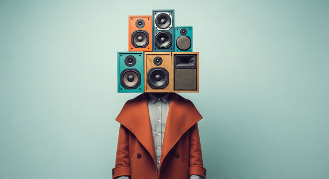 A person in an orange coat stands against a light blue background with a stack of speakers for a head