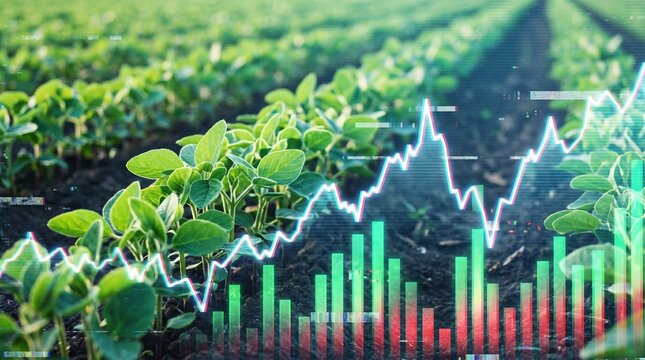 Digital financial graph with green soybean plants background, agritech stock market concept, agricultural commodity price analysis, farm investment and food industry growth