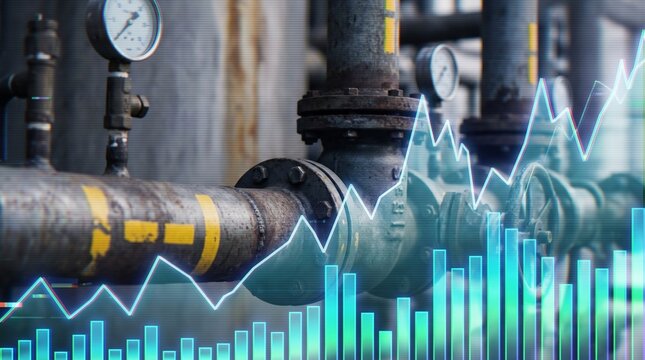 Close up of industrial pipes and pressure gauges with digital financial graph representing utility costs and energy market fluctuations in heavy manufacturing facility.
