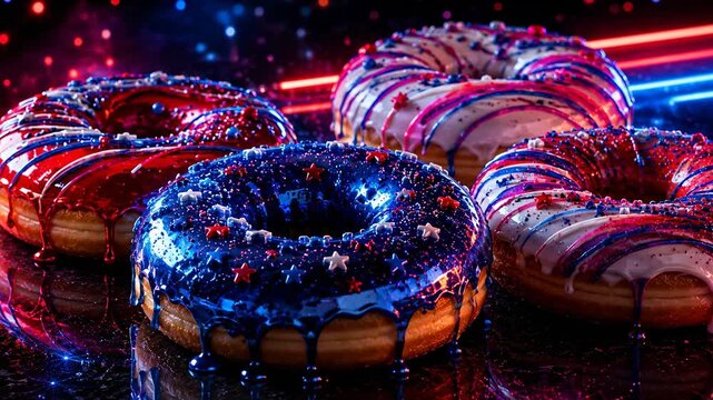 Glazed patriotic donuts with red white and blue icing on dark neon background, festive dessert concept, modern celebration design, Fourth of July, America 250 anniversary.