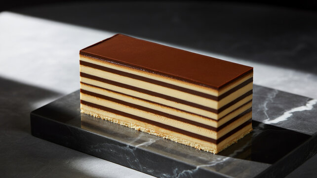 Sophisticated opera cake on marble slab with dramatic lighting