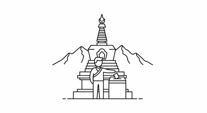 Person in traditional dress casting vote at mountain stupa