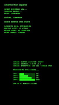 4K vertical video overlay template retro futuristic terminal animation displaying AI authentication process, encrypted data transfer, and cyber defense system interface with green monochrome text