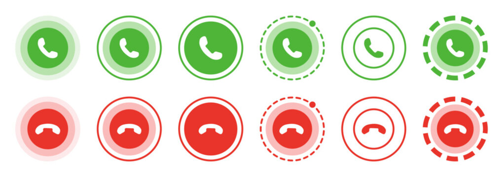 Phone call and hang up button symbols featuring accept, decline, communication, contact, support and mobile interface icons.