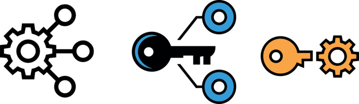Key and gear connection icons representing technical password security automation software configuration and administrative access settings for system management