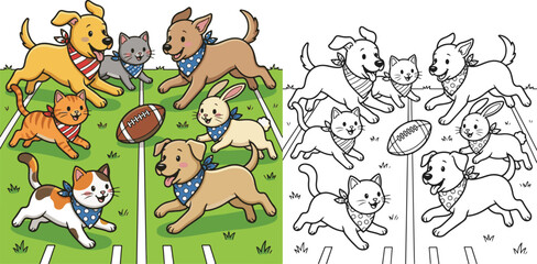 Fototapeta premium pet animals playing chasing football soccer cartoon vector illustration lineart and clipart for children coloring book