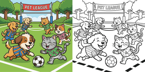 Naklejka premium pet animals playing chasing football soccer cartoon vector illustration lineart and clipart for children coloring book