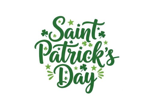 Saint patrick day text with green decorative clovers and stars for a festive holiday greeting card design element