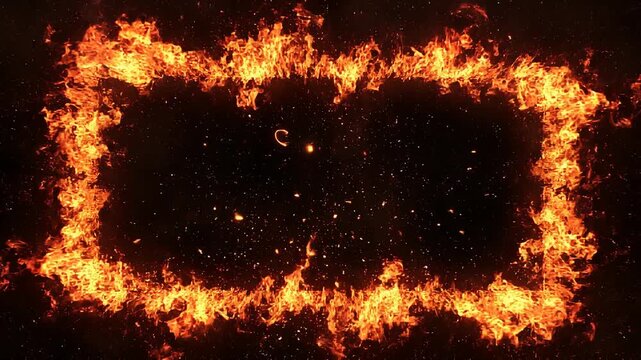 Fiery burning flames forming a glowing rectangular frame with sparks on black background