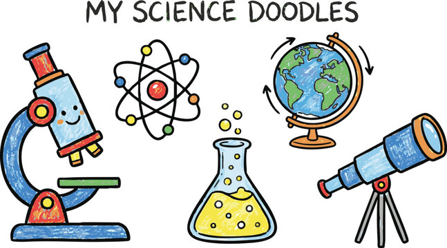 a set of educational science doodles featuring a microscope, telescope, beaker, atom model, globe, and chemical flask. hand-drawn in a playful cartoon style with bright colors. vector eps 10 format