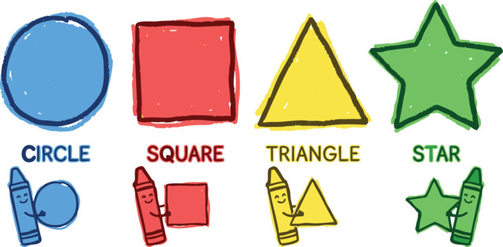 set of basic geometric shapes including circle, square, triangle, and star in vibrant colors. each shape is labeled with its name in a friendly font. ideal for preschool learning materials, flashcards