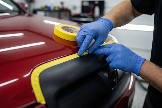Detailer hands applying yellow automotive masking tape along edge of black plastic trim adjacent to red painted car panel polishing prep