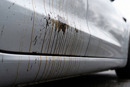 Tar remover dissolving black tar splatter on silver car rocker panel chemical decontamination car detailing service