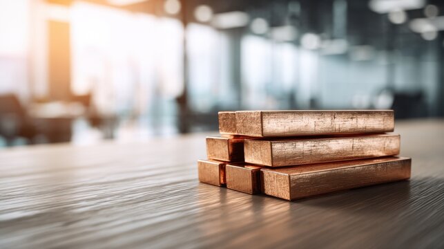 Stack of copper ingot bars on wooden desk in office