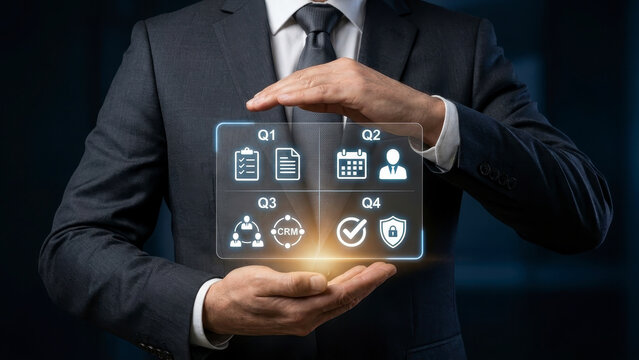 Quarterly Business Planning Dashboard, Executive Holding Holographic Q1 Q2 Q3 Q4 Strategy Icons with CRM, Checklist and Security Approval