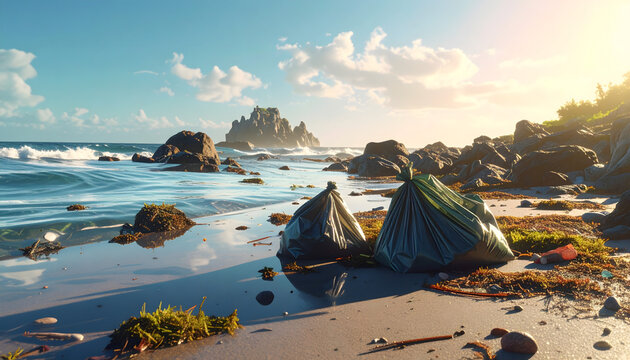 Plastic Garbage Bags Polluting Coastal Beach at Sunrise Environment Concept