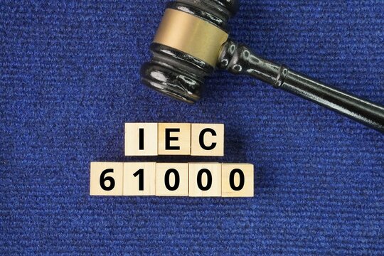 A wooden cube with the words IEC 61000. ensuring electrical and electronic products operate safely without causing or suffering from interference.
