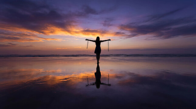 Silhouette of a woman standing on a wet beach at sunset with broken chains hanging from her outstretched arms symbolizing freedom and liberation.