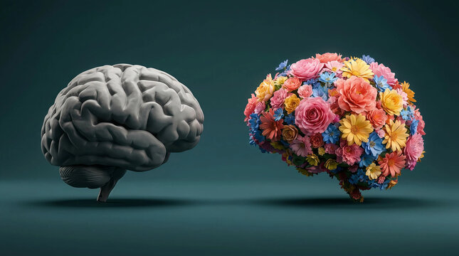 Creative conceptual illustration of two human brains representing the contrast between basic logic and a flourishing mind full of colorful flowers.