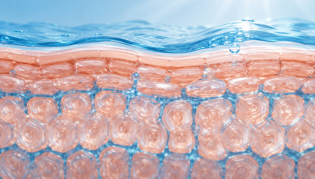 3D medical illustration of healthy skin layers with serum droplets and deep hydration effect, anatomical cross-section for skincare concept.