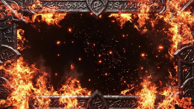 Fiery burning flames with glowing embers and ancient carved metal frame background