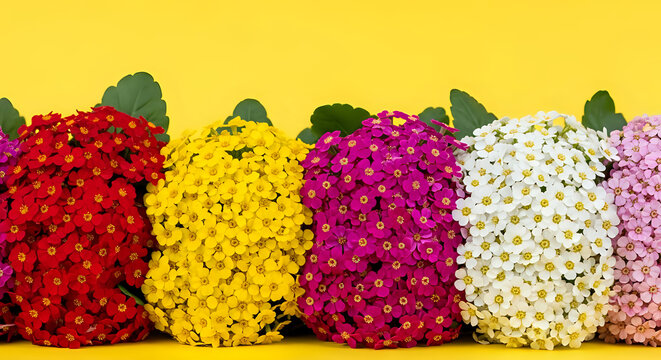 Row of colorful alyssum flowers against a yellow background with green leaves colorful blooming