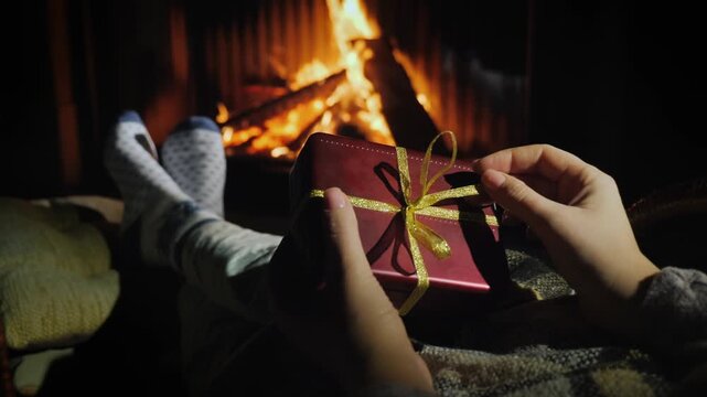 Person unwraps Christmas gift near fireplace cozy evening warmth and holiday atmosphere.