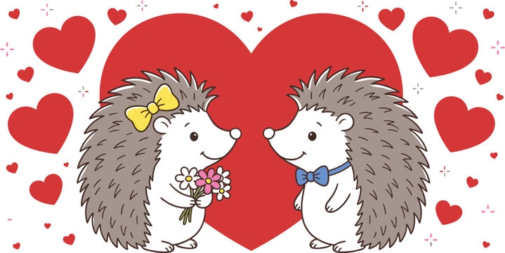 Cute hedgehog couple with hearts and flowers, romantic cartoon animal illustration for Valentine and love themed vector design isolated background