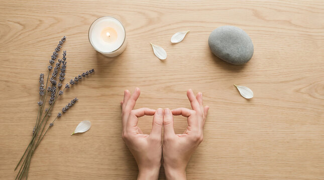 Top view of hands in yoga mudra pose on a wooden table with a burning candle smooth stone and lavender sprigs for zen meditation and wellness practice