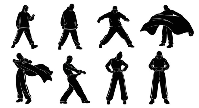 Set of silhouettes of a man posing in a hoodie and tracksuit
