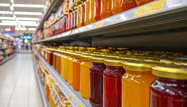 Grocery store aisle with jars of honey and jam