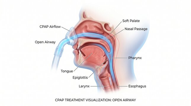 3D Cross-Section of CPAP Airflow Opening Obstructed Airway in Sleep Apnea