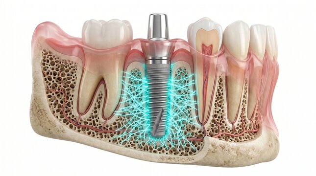 3D Cross-Section of Titanium Dental Implant Placement in Jawbone