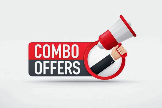Hand holding megaphone announcing combo offers deal banner