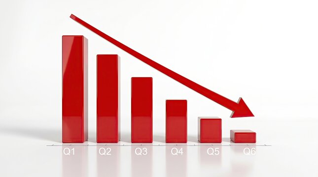 A declining red bar chart shows downward trend with arrow