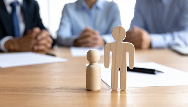 Wooden figurine on table with blurred people background