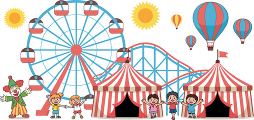 Colorful vector illustration of amusement park with ferris wheel roller coaster circus tents clown and happy children having fun outdoors © MdAbdur