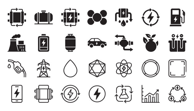 Collection of sleek black and white icons representing energy, technology, transportation, and recycling concepts.