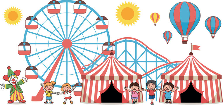 Colorful vector illustration of amusement park with ferris wheel roller coaster circus tents clown and happy children having fun outdoors