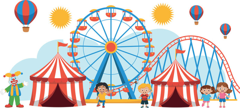 Colorful vector illustration of amusement park with ferris wheel roller coaster circus tents clown and happy children having fun outdoors
