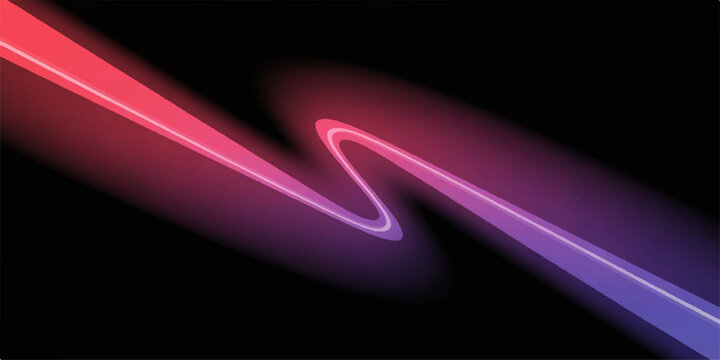 A bright glowing neon sign with blue light lines and arrow art creates a motion wave design against a dark black space background illustration