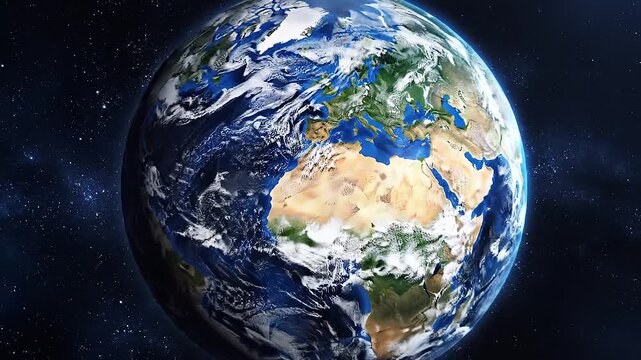 Classic black and white soccer ball slowly morphing into planet earth globe against starry space background concept for world cup tournament