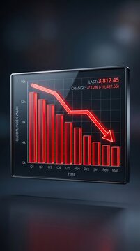 A downward trend graph shows decreasing values on a screen with red bars and an arrow.