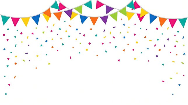 Vibrant party decorations with colorful triangular flags and confetti floating downwards.