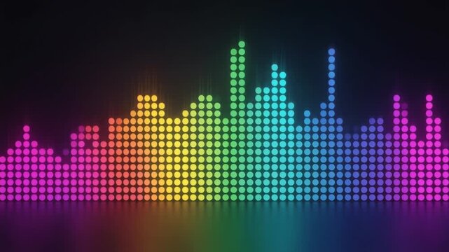 Colorful audio equalizer sound wave with vibrant glowing dots on black background for music and technology